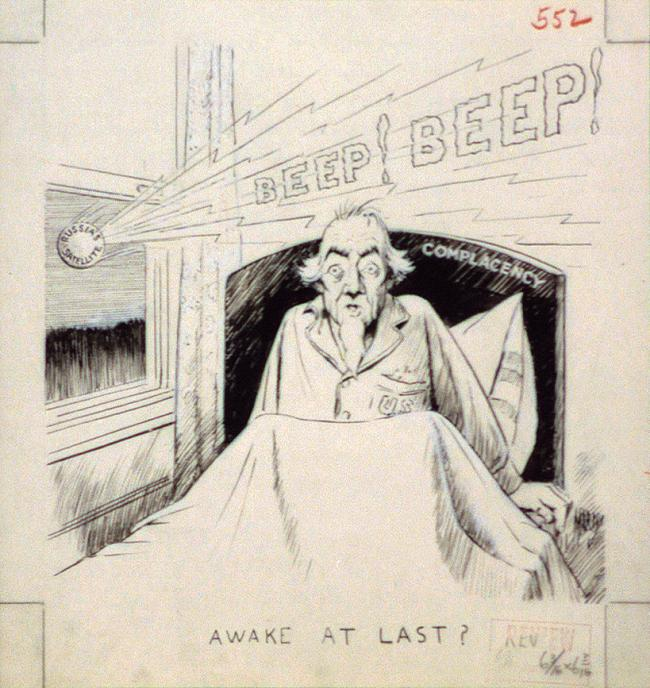 Korabeli karikatúra az önteltség ágyából bip-bip-elésre kelő USÁ-ról 